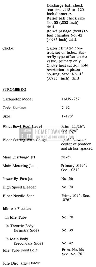 1952 Buick Stromberg Carburetor Specifications