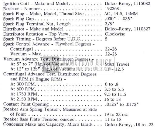 1953 Buick Ignition Coil, Spark Plugs, Distributor Specifications