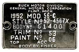 1952 Buick Fisher Body Number Plate