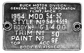 1954 Buick Fisher Body Number Plate 1954 Buick Body Tag