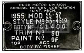 1955 Buick Fisher Body Number Plate 1955 Buick Body Tag