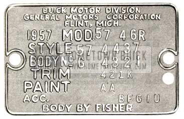 1957 Buick Fisher Body Number Plate