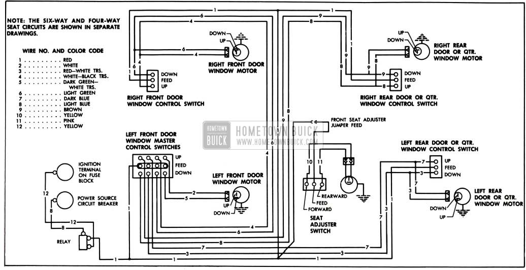 1957 Buick Power Window and Horizontal Power Seat Circuit-Series 50-70