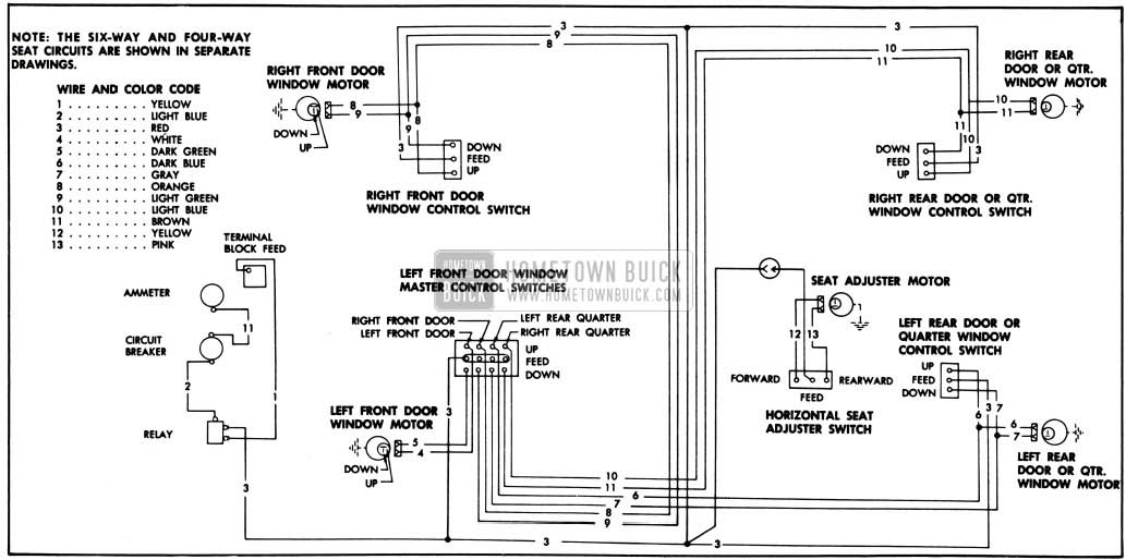 1957 Buick Power Window and Horizontal Power Seat Circuits-Series 40-60