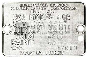 1958 Buick Fisher Body Number Plate 1958 Buick Body Tag