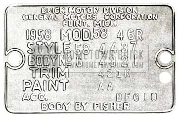 1958 Buick Fisher Body Number Plate