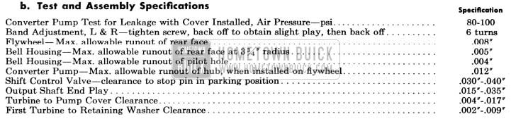 1956 Buick Dynaflow Test and Assembly Specifications