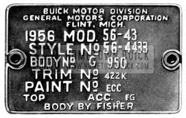 1956 Buick Fisher Body Number Plate 1956 Buick Body Tag