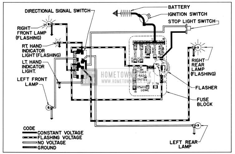 1958 Buick Direction Signal Lamp Circuit Diagram-Right Turn Indicated