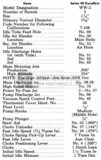 1958 Buick Stromberg Carburetor Calibrations Specifications